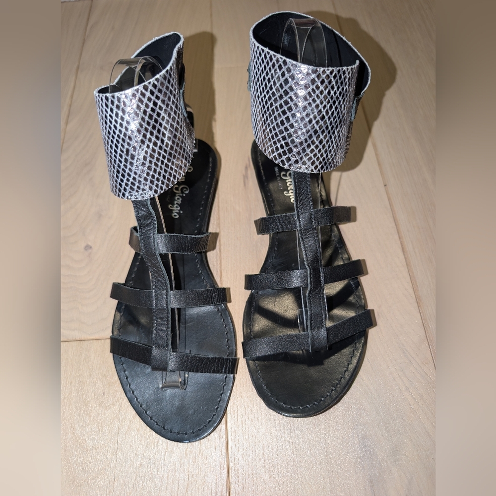 Black And Silver Snakeskin Printed Leather Gladiator Sandals